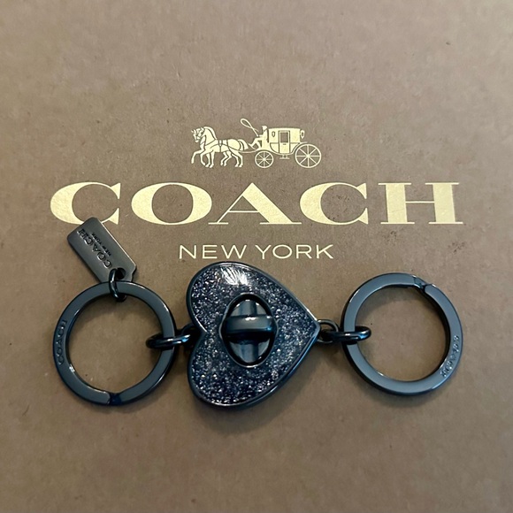 Coach Black Gray Glitter Turn Lock Heart Valet Keychain Bag Charm in Gunmetal - Picture 2 of 15